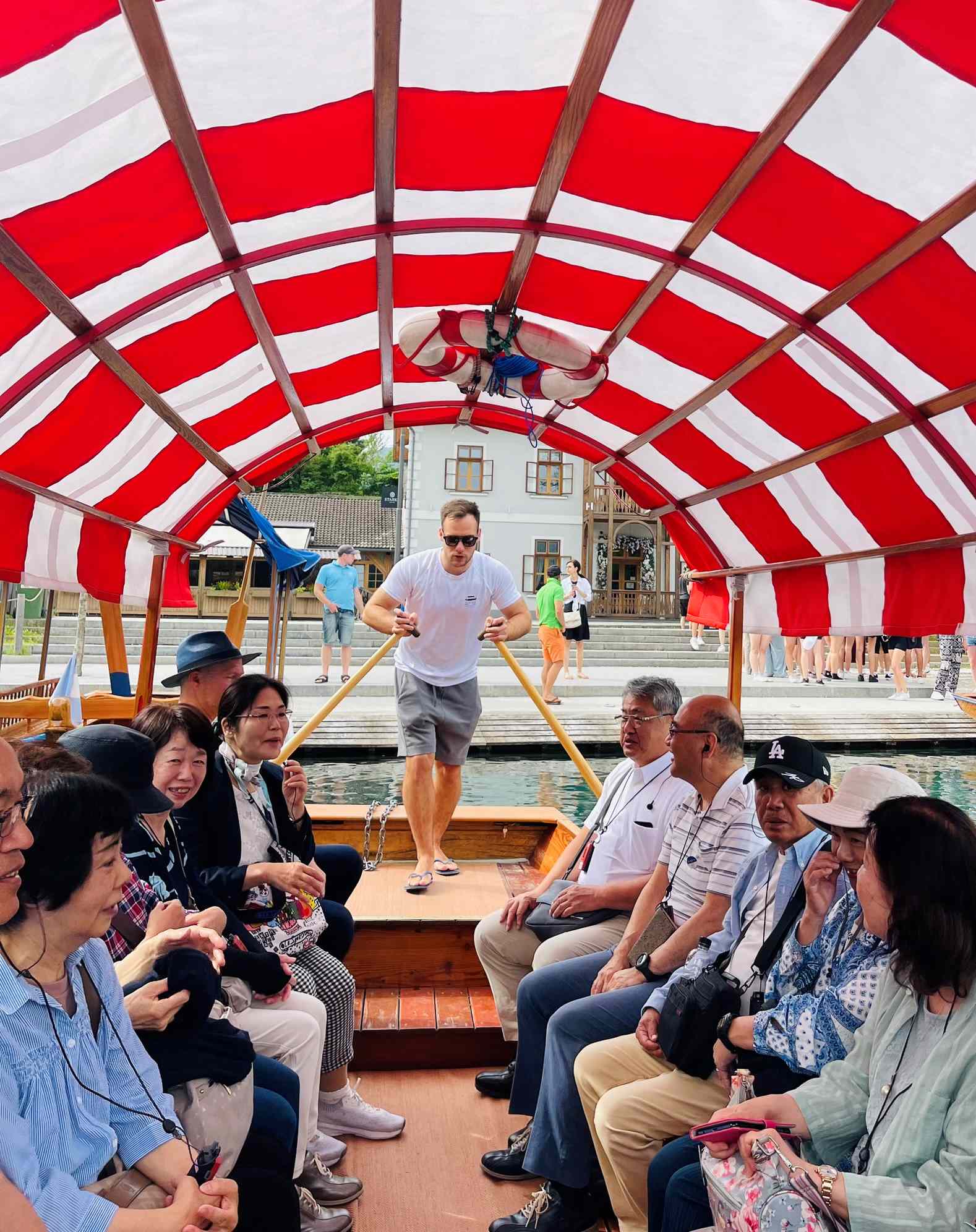 Red and white striped Plenta Boat lake bled: trieste slovenia